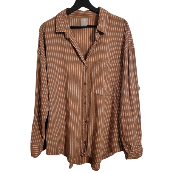 CALIA by Carrie Underwood Tops - Calia Linen Blend Burnt Orange Striped Button Down Shirt